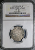 1555 NGC VF 20 Ireland Mary Tudor Philip Spain 4 Pence Groat Silver Coin S-6501 (22071901D)