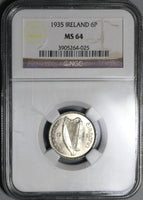 1935 NGC MS 64 Ireland 6 pence Wolfhound Eire Irish Free State Coin (21032902C)