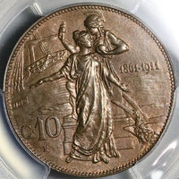 1911 PCGS MS 65 Italy 10 Centesimi Kingdom Anniversary Mint State Commemorative Coin POP 9/0 (23030903C)
