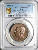 1911 PCGS MS 65 Italy 10 Centesimi Kingdom Anniversary Mint State Commemorative Coin POP 9/0 (23030903C)