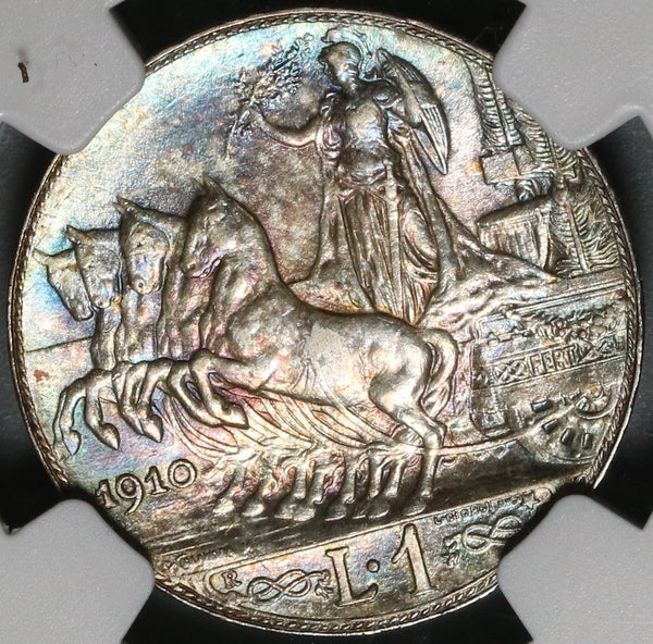 1910 NGC AU 55 Italy 1 Lira Horses & Chariot Silver Coin (19101304C)