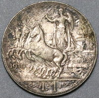 1910 Italy 1 Lira AU Horses Chariot Quadriga Rome Mint Silver Coin (23112801R)