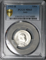 1912 PCGS MS 63 Italy 1 Lira Horses & Chariot Silver Mint State Coin (21080703C)