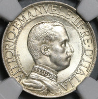 1913 NGC MS 65 Italy 1 Lira Horses & Chariot Silver Mint State Coin (21042002C)