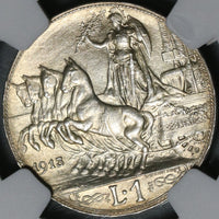 1913 NGC MS 65 Italy 1 Lira Horses & Chariot Silver Mint State Coin (21042002C)