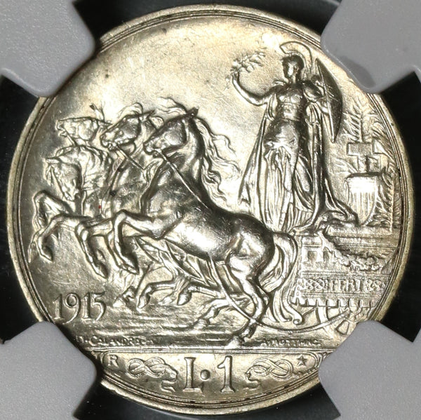 1915 NGC AU Det Italy 1 Lira Horses & Chariot Silver Coin (19101303R)