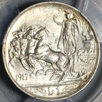 1917 PCGS MS 64 Italy 1 Lira Horses Chariot Silver Mint State Coin (22090501C)