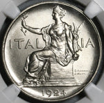 1924 NGC MS 65 Italy 1 Lira Seated Roma Victory Mint State Coin (21051602C)