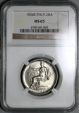 1924 NGC MS 65 Italy 1 Lira Seated Roma Victory Mint State Coin (21051602C)