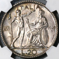 1928 NGC MS 62 Italy 20 Lire Victor Emanuele III Italia Silver Coin (21102502C)