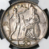 1928 NGC MS 62 Italy 20 Lire Victor Emanuele III Italia Silver Coin (21102502C)