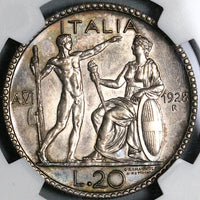 1928 NGC MS 62 Italy 20 Lire Victor Emanuele III Italia Silver Coin (21102502C)