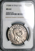 1928 NGC MS 62 Italy 20 Lire Victor Emanuele III Italia Silver Coin (21102502C)