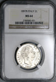 1897 NGC MS 64 Italy Silver 2 Lire Scarce Mint State Umberto I Coin (20042101CZ)