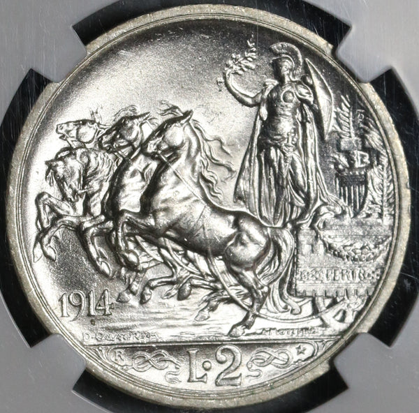 1914 NGC MS 64 Italy 2 Lire Horses & Chariot Mint State Silver Coin (20050902C)