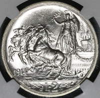 1914 NGC MS 64 Italy 2 Lire Horses & Chariot Mint State Silver Coin (20050902C)