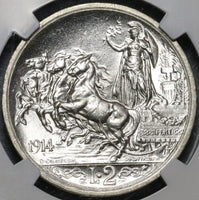 1914 NGC MS 64 Italy 2 Lire Horses & Chariot Mint State Silver Coin (20050902C)