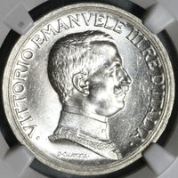 1914 NGC MS 64 Italy 2 Lire Horses & Chariot Mint State Silver Coin (20050902C)