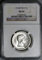 1914 NGC MS 64 Italy 2 Lire Horses & Chariot Mint State Silver Coin (20050902C)