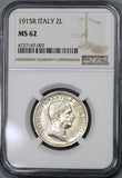 1915 NGC MS 62 Italy 2 Lire Horses & Chariot Silver Coin (19083105C)
