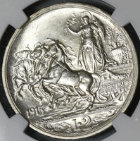 1915 NGC MS 63 Italy 2 Lire Horses Chariot Silver Mint State Coin (21053103C)