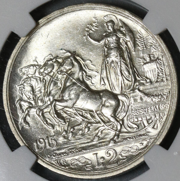 1915 NGC MS 63 Italy 2 Lire Horses Chariot Silver Mint State Coin (21053103C)