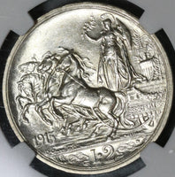 1915 NGC MS 63 Italy 2 Lire Horses Chariot Silver Mint State Coin (21053103C)