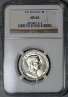 1915 NGC MS 63 Italy 2 Lire Horses Chariot Silver Mint State Coin (21053103C)