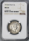 1915 NGC MS 64 Italy 2 Lire Horses & Chariot Silver Mint State Coin (19070803D)