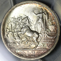 1916 PCGS MS 64+ Italy 2 Lire Horses & Chariot Silver Mint State Coin (21042902D)