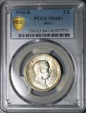 1916 PCGS MS 64+ Italy 2 Lire Horses & Chariot Silver Mint State Coin (21042902D)