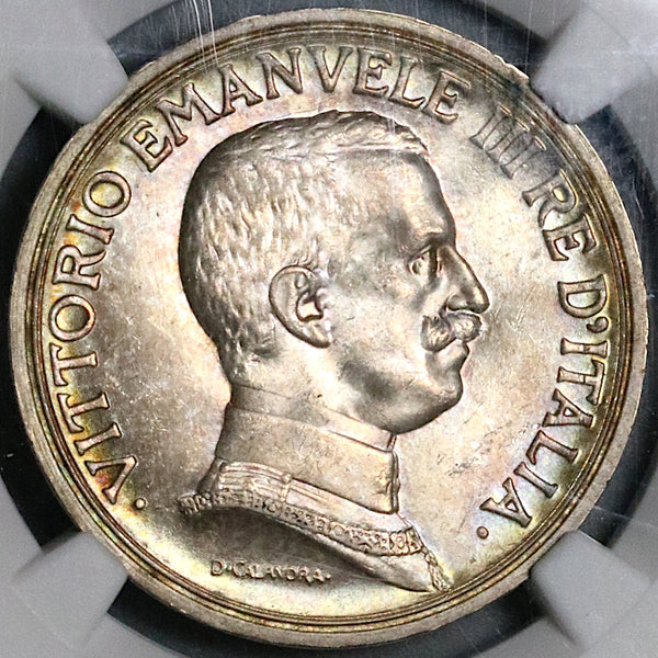 1916 NGC MS 64 Italy 2 Lire Horses Chariot Silver Mint State Coin