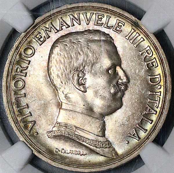 1916 NGC MS 64 Italy 2 Lire Horses Chariot Silver Mint State Coin