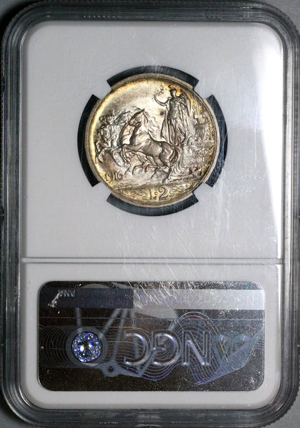 1916 NGC MS 64 Italy 2 Lire Horses Chariot Silver Mint State Coin