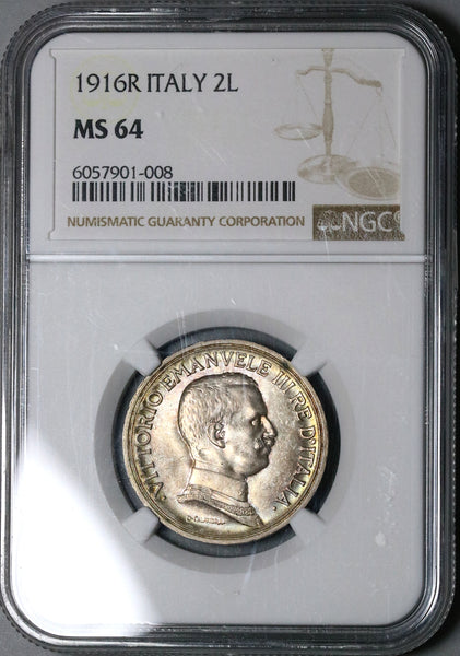 1916 NGC MS 64 Italy 2 Lire Horses Chariot Silver Mint State Coin