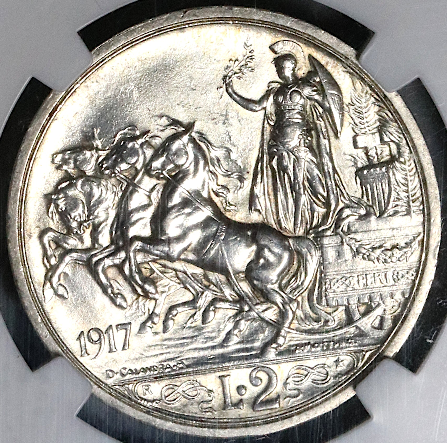 1917 NGC MS 63 Italy 2 Lire Horses Chariot Silver Mint State