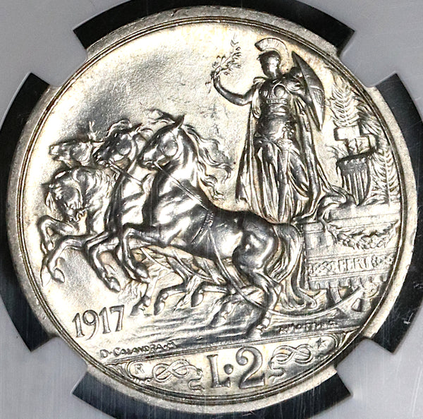 1917 NGC MS 63 Italy 2 Lire Horses Chariot Silver Mint State Key Coin (23041203C)