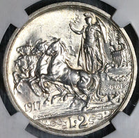 1917 NGC MS 63 Italy 2 Lire Horses Chariot Silver Mint State Key Coin (23041203C)