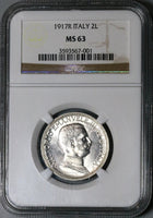 1917 NGC MS 63 Italy 2 Lire Horses Chariot Silver Mint State Key Coin (23041203C)