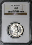 1917 NGC MS 63 Italy 2 Lire Horses Chariot Silver Mint State Key Coin (23041203C)