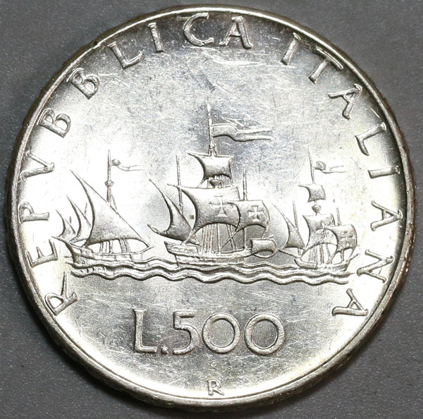 1964 Italy 500 lire Medieval Lady Columbus Ships AU Silver Coin (20010601R)