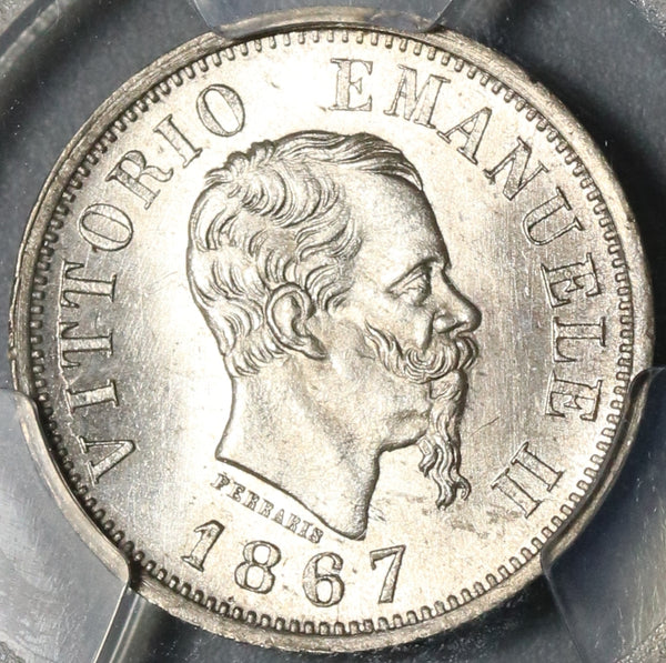 1867-M PCGS MS 64 Italy 50 Centesimi Silver Milan Mint State Coin (21020102C)