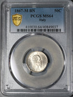 1867-M PCGS MS 64 Italy 50 Centesimi Silver Milan Mint State Coin (21020102C)