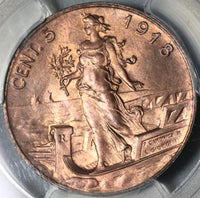 1918 PCGS MS 65 Italy 5 Centesimi Woman Ship BU WWI Coin POP 2/1 (21042904C)