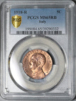 1918 PCGS MS 65 Italy 5 Centesimi Woman Ship BU WWI Coin POP 2/1 (21042904C)