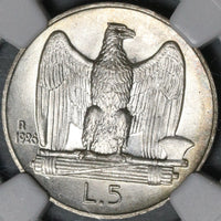 1926 NGC MS 64 Italy 5 Lire Eagle Fascis Silver Mint State Key Coin (21030102C)