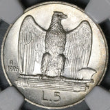 1926 NGC MS 64 Italy 5 Lire Eagle Fascis Silver Mint State Key Coin (21030102C)
