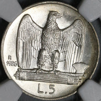 1926 NGC MS 64 Italy 5 Lire Eagle Fascis Silver Mint State Key Coin (21030102C)