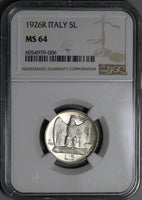 1926 NGC MS 64 Italy 5 Lire Eagle Fascis Silver Mint State Key Coin (21030102C)
