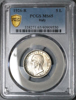 1926 PCGS MS 65 Italy 5 Lire Eagle Silver Mint State Key Coin (22082203C)